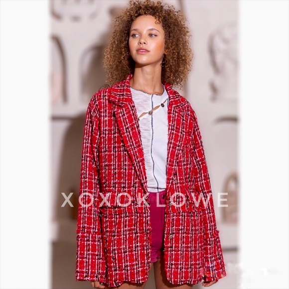 POL Red Tweed Blazer Plaid Print Relaxed Fit - Picture 10 of 16